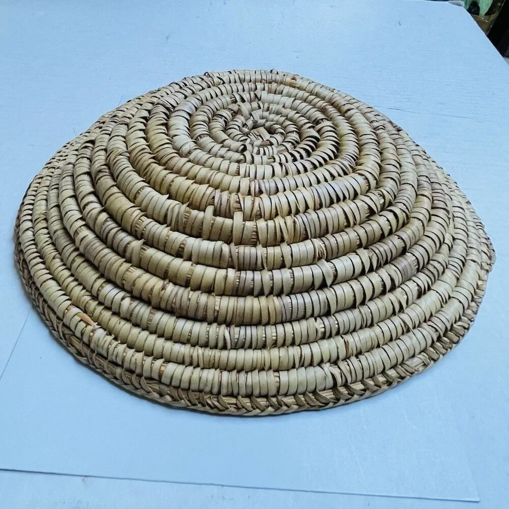 Vintage Primitive Boho Coil Basket Natural Grass Hand Woven Tan 11 Inch Decor